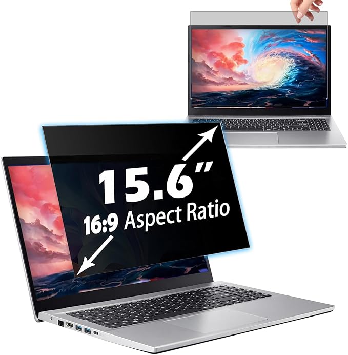 15.6 Inch Privacy Screen for Computer Monitor, 16:9 Anti-Spy Filter for Laptop & PC Display, Blue Light Blocking Anti-Glare Reversible Protector Film, Easy Slide-Mount Installation (15.6 Inch Widescreen(16:9))