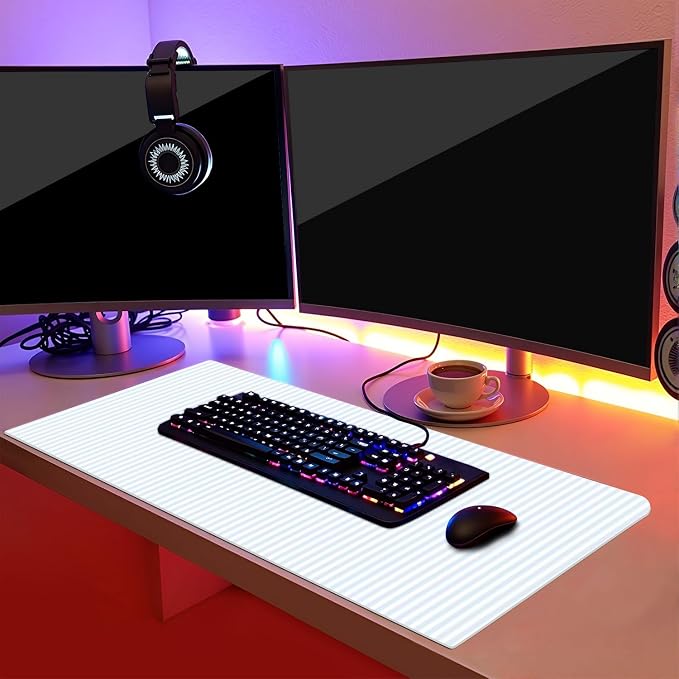 Large Mouse Pad Leather Non-Slip Waterproof Gaming Mouse Pad for Office Laptop Home Blue White Vertical Stripes Desk Protector Mat 31.5"x13.7" Writing Pad