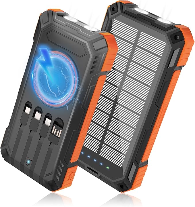 Solar Power Bank 49800mAh - Wireless Portable Charger 15W Fast Charging with 4 Built-in Cables. Equipped with a Powerful Flashlight, IP65 Outdoor Waterproof Power Bank Perfect for Camping, Hiking