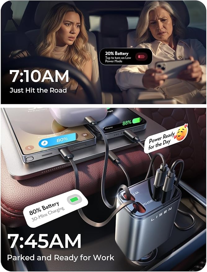 LISEN Retractable Car Charger, 84W Car Charger USB C Fast Charger Adapter for iPhone, Car Accessories for Men Women, Birthday Gifts for Fathers Day for Men Dad Husband, for iPhone 17 16 15 14 13 12 11
