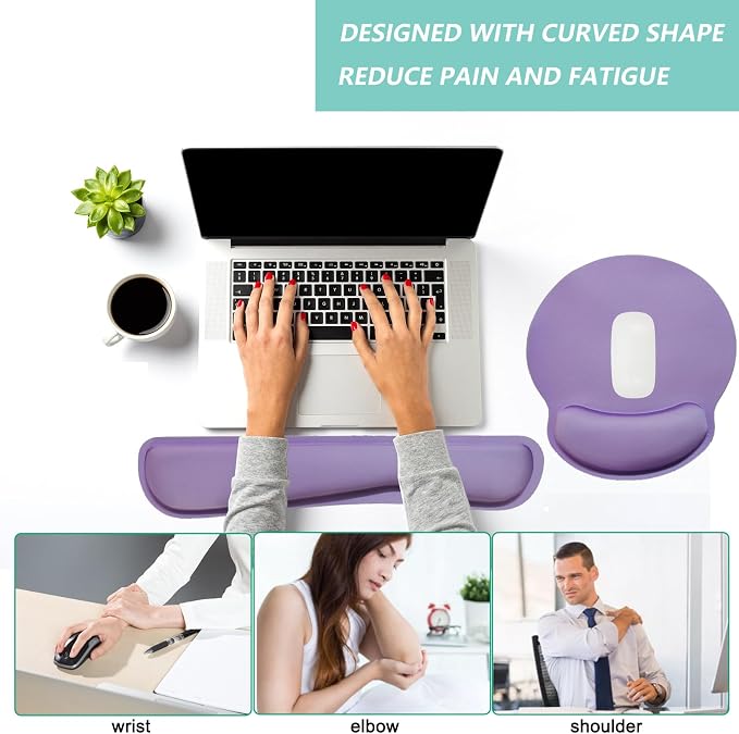 Keyboard Wrist Rest Pad Mouse Pad with Wrist Support Set of 3, Mousepad with Non-Slip Rubber Base, Ergonomic Memory Foam Mouse Wrist Cushion Support for Home Office Laptop Computer Gaming, Purple