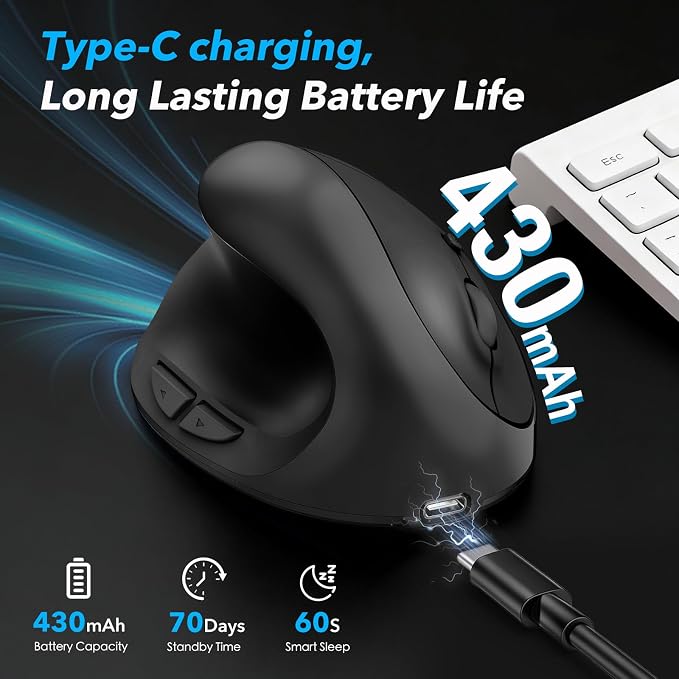Left Handed Ergonomic Mouse Jiggler,Vertical Wireless & Rechargeable,2.4G USB Carpal Tunnel Lefty Mice with Undetectable Random Movement Keeps PC Laptop Awake-Black