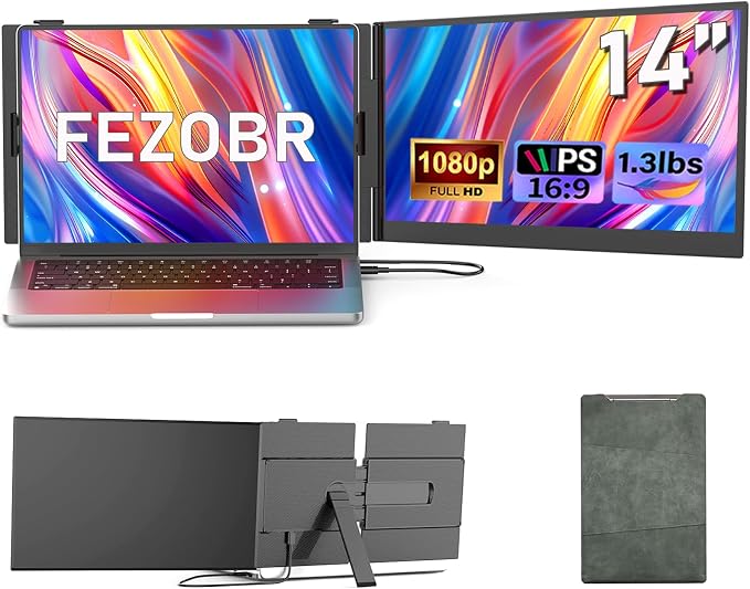 14" Laptop Screen Extender, Ultra-Thin 0.17" FHD 1080P IPS Portable Monitor for Laptop, Dual Monitor Extender, Plug & Play, Work with Windows/Mac/Chrome, Fits 13"-17.3" Laptops