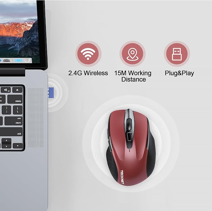 TECKNET Wireless Mouse Rechargeable, 2.4G USB-A Silent Mouse, Quiet Click, 6 Adjustable 4800 DPI, Cordless Computer Mice, Ergonomic Mice for Laptop, 6 Buttons for Chromebook, Ergo Grip - Red