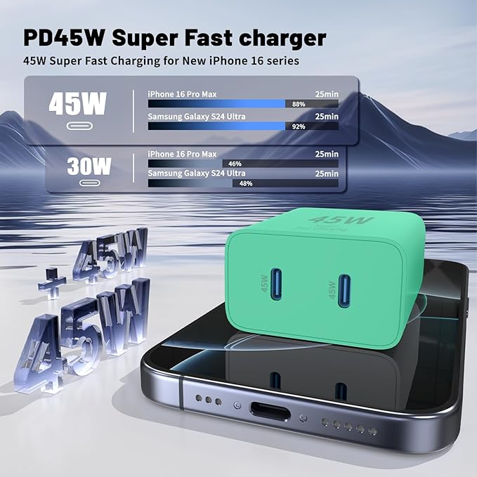 QZIIW iPhone 16 15 Pro Max Charger Fast Charging,45W Dual Port USB C Fast Charger Block [2-Pack] & Extra Long 60W 3/6/10/10FT USB C Cable - PD Quick Adapter 3.0 for iPhone 16 15/16 15Pro/16 15 Plus.