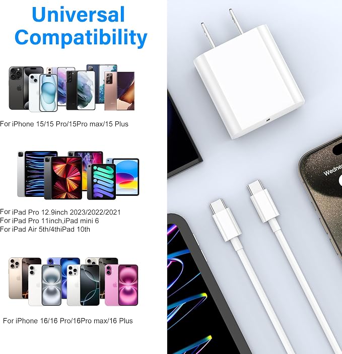 for iPhone16 Charger, 3 Pack 20W USB-C Fast Wall Charger with 6ft C to C Cable for iPhone 16/16 Pro/16 Pro Max/16 Plus/15 Series/iPad Air/iPad Pro and More