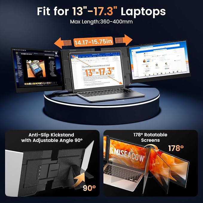 SMISEACOW Triple Laptop Screen Extender 15.6", 1080P FHD IPS 0.18" Ultra-Slim & 3.9 lbs, Plug-Play Portable Triple Monitor for Laptops Fits 13-17.3" Laptops, Compatible with Win/Mac/Android