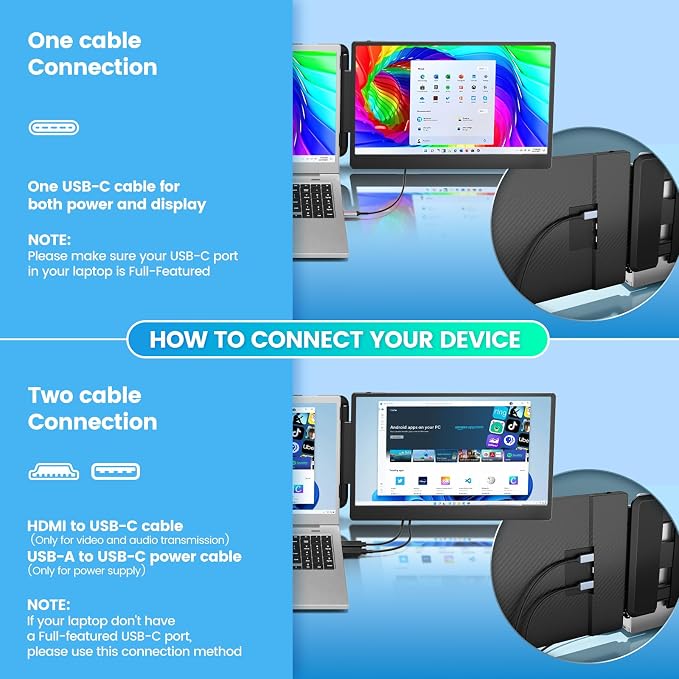 Cenerius 14" Laptop Screen Extender, FHD 1080P IPS Portable Monitor for Laptop, Dual Screen Monitor Extender Compatible with 13"-17" Laptops, HDMI/USB-A/USB-C Plug-Play for Windows, Mac, Android