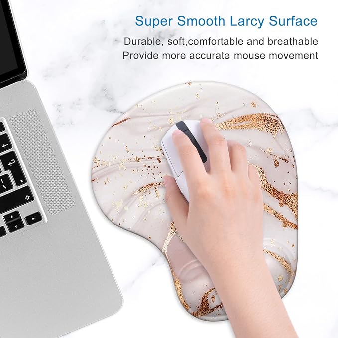 ITNRSIIET Ergonomic Mouse Pad with Gel Wrist Support Wrist Rest Smooth Surface Non-Slip PU Base Comfortable Office Supplies Pain Relief, 9.5 x 8 inches, Rose Gold Marbling
