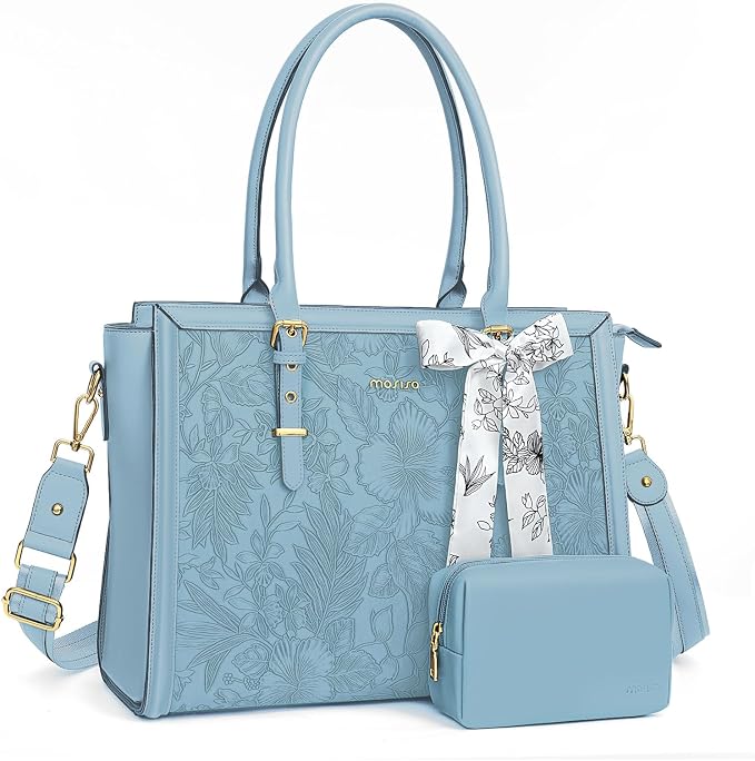 MOSISO Laptop Bag for Women, 17-17.3 inch PU Leather Tote Bag Compatible with MacBook, HP, Dell, Asus Notebook, Front Embossed Retro Hibiscus Computer Bags with Silk Scarf&Clutch Purse, Air Blue