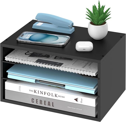 Wood Desk Organizer, 3 Tier Paper Tray Organizer for Desk with Adjustable Storage Shelves, Printer Stand Desktop File Organization Paper Sorter Mail Holder for Office Home Classroom, Black