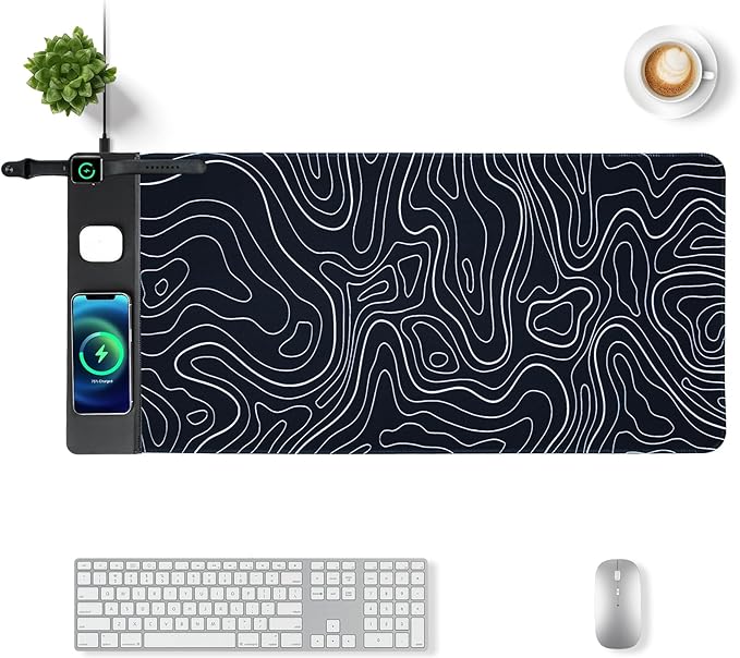 VOVIPO 3 in 1 Wireless Charging Mouse Pad, Gift for Dad/Office Manager,Wireless Charger Compitable with iPhone/Watch/airpods. Wireless Charging Desk Mat 90 x 40cm,Black Topographic Computer Desk Pad