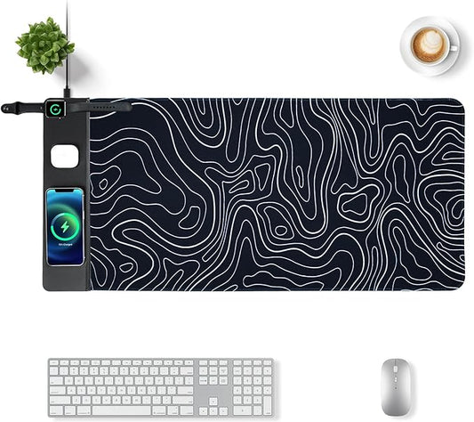 VOVIPO 3 in 1 Wireless Charging Mouse Pad, Gift for Dad/Office Manager,Wireless Charger Compitable with iPhone/Watch/airpods. Wireless Charging Desk Mat 90 x 40cm,Black Topographic Computer Desk Pad
