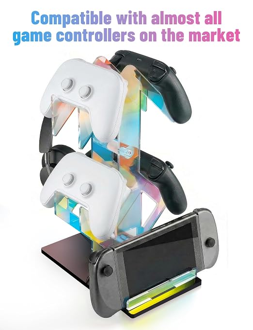 NiHome Iridescent Acrylic 2-Tier Universal Game Controller Headset Holder Rack, Modern Storage Organizer for PS5 Xbox ONE Switch Game Controllers and Headphones Anti-Slip Stable Gaming Accessory Stand