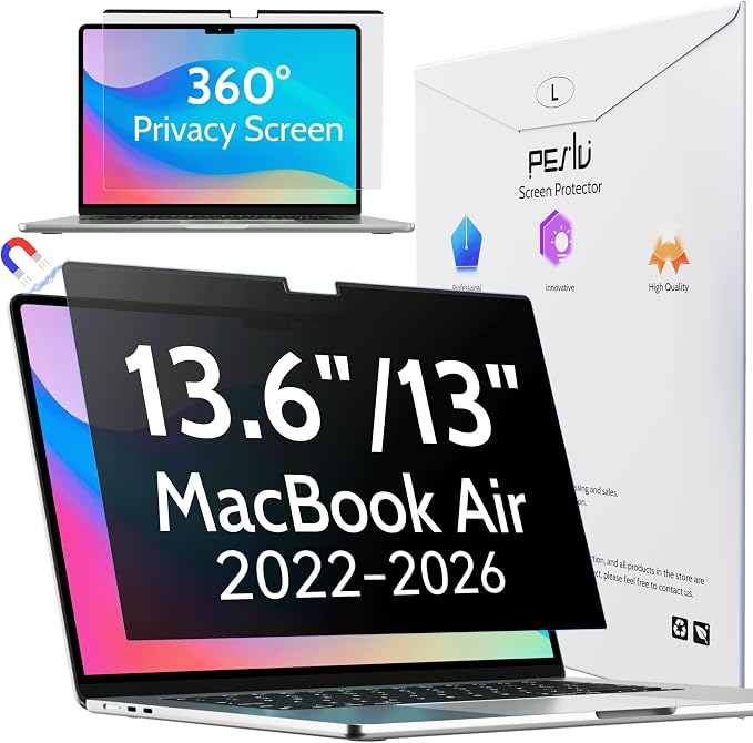Peslv Magnetic 4 Way Privacy Screen for Macbook Air 13.6/13 Inch (2022-2026, M2, M3, M4, M5), Removable Matte Anti Glare Blue Light Protector, 360 Private Security Filter for Mac Laptop Computer