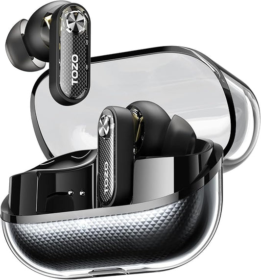 TOZO Crystal Pods Hybrid Active Noise Cancelling Wireless Earbuds, 10mm Drivers Deep Bass, 4 Mics Smart ENC AI Calls, Real-Time AI Translation, 32 EQ via App, Bluetooth 5.4, Crystal Design