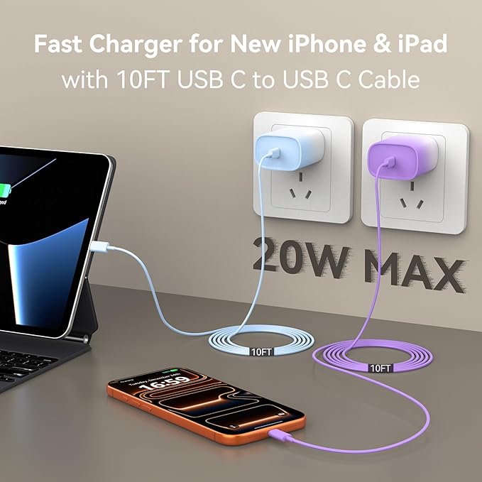 Phone 17 16 15 Charger Fast Charging, 10 FT Long USB C Charger Cord with 20W Type C Fast Phone Charging Block forPhone 17/17 Pro/17 Pro max/Air/Phone 16 15 Pro Max Plus, iPad, Android,Gradient Blue