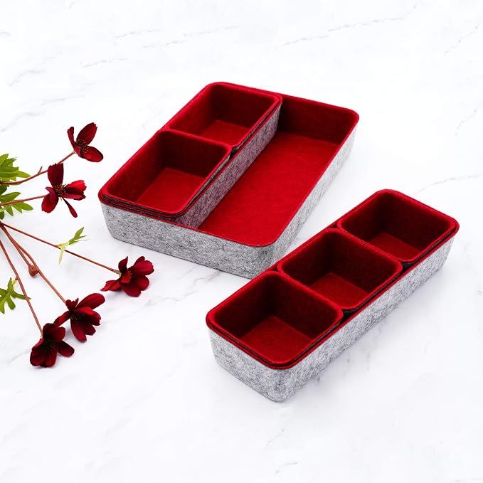 Welaxy Desk Drawer organizers tray Felt storage bins office Sleek Minimalist Lifestyle chic aesthetics room décor for dorm closet decluttering 8-piece (Burgundy)