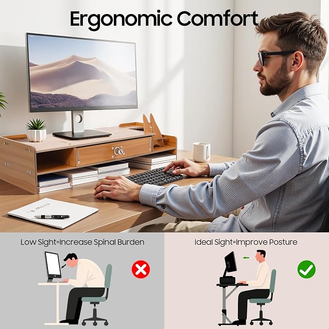 Wooden Monitor Stand for Desk, Monitor Riser Computer Stand Desktop Storage Stand for Computer Monitor Stand with Drawer and Lock Laptop Desktop Organizer for Home Office 19" x 7.9"