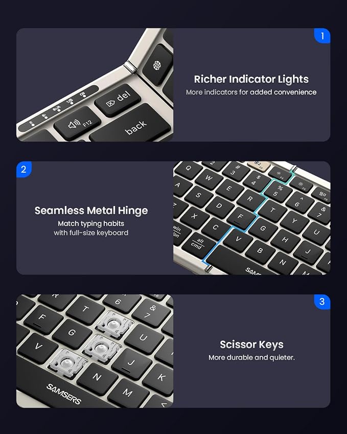 Foldable Keyboard and Mouse, Samsers Folding Bluetooth Keyboard Combo, 2.4G + BT5.0 x 2, Full-Size Portable Travel Keyboard & Rechargeable Wireless Mouse for Windows Android iOS Mac OS, Starlight