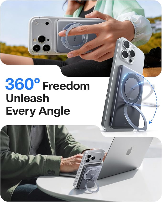 TORRAS Ostand Minimag 10000mAh Magnetic Portable Charger, 360° Rotatable Stand, 15W Wireless & 22.5W Fast Charging Battery Pack for iPhone 17/16/15/14 Pro Max Plus - Gray