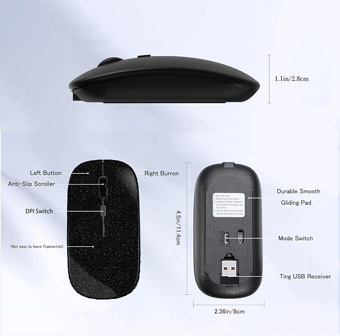 WREANU Wireless Bluetooth Mouse Rechargeable Laptop Mice Silent Slim Use(Bluetooth5.2 and Portable 2.4GHz USB Receiver)Dual Mode Computer Mouse for Laptop/iPad/Tablet/Apple/Computer/Mac(Bright Black)