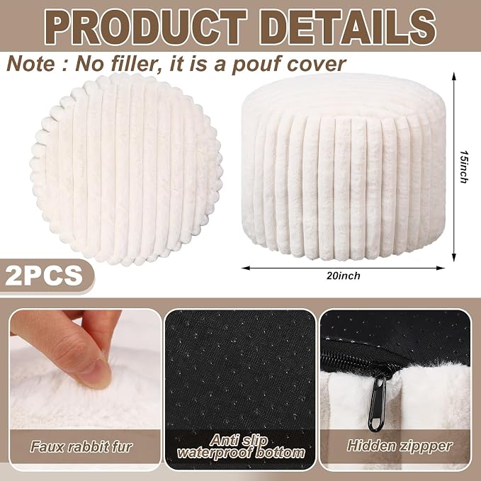Teenyyou 2 Pcs 20 x 15 Inch Unstuffed Pouf Cover Ottoman Foot Rest - No Filler, Faux Rabbit Fur Foot Stool Floor Bean Bag Floor Chair Storage for Living Room Bedroom Home Decor(Beige)