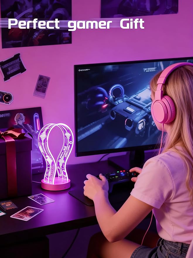 CoolGift Mart Light Up Headphone Stand with 16 Color Lights, Game Pattern Acrylic Headset Stand with 1 USB and 1 Type-C Charging Ports, Gifts for Girls Women Gamers and Music Lovers