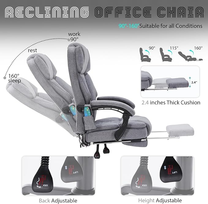 Massage Office Chair with Heat,Reclining Office Chair with Foot Rest,6 Points Vibration Home Desk Chairs for Heavy People 400lbs,Ergonomic Managerial Executive Chair (Grey)