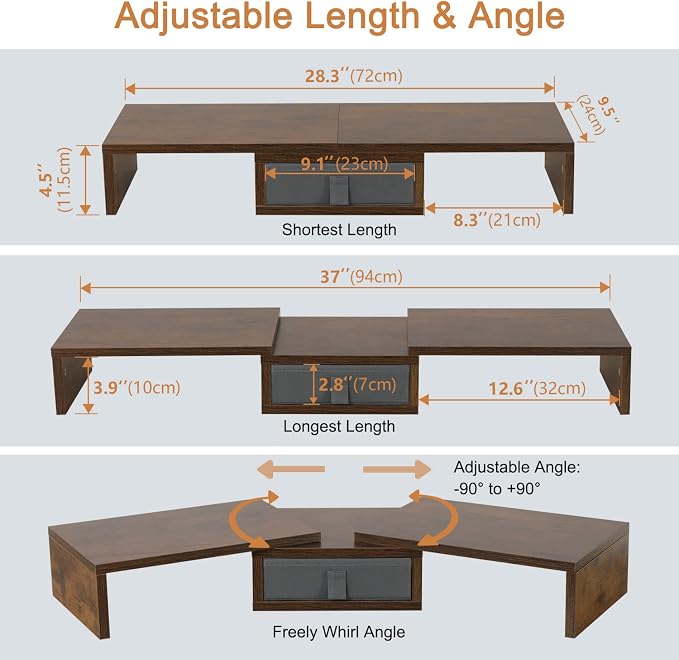 TEAMIX 3 Shelf Monitor Stand Riser With Drawer - Length and Angle Adjustable Dual Riser With Storage Corner Desk Shelf Organizer Large Computer Stand for 2 Monitors/Laptop (Brown, 1 Drawer)