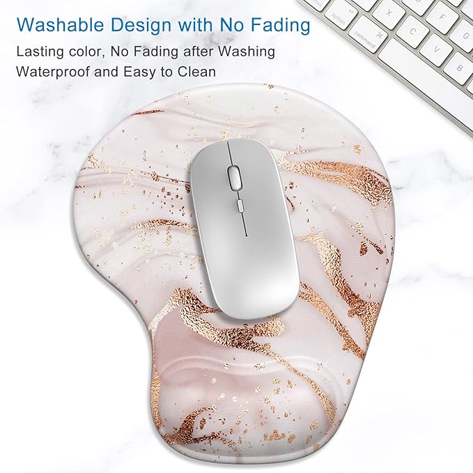 ITNRSIIET Ergonomic Mouse Pad with Gel Wrist Support Wrist Rest Smooth Surface Non-Slip PU Base Comfortable Office Supplies Pain Relief, 9.5 x 8 inches, Rose Gold Marbling