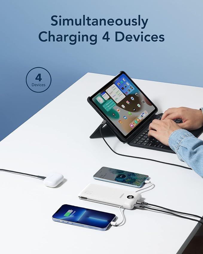 VEGER Portable Charger with Built-in AC Plug and Cables, All in One 10000mAh Ultra Slim Power Bank Travel Essentials, Fast Charging Battery Pack Compatible with iPhone, Samsung, Android, White
