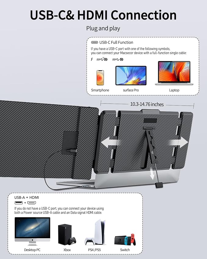 Macsecor 14.1'' Laptop Screen Extender, 1080P FHD IPS Portable Dual Monitor for Laptop, USB C HDMI Plug-Play Monitor Extender for Triple Display for MacOS/Windows, Fits 13-17.3" Laptops