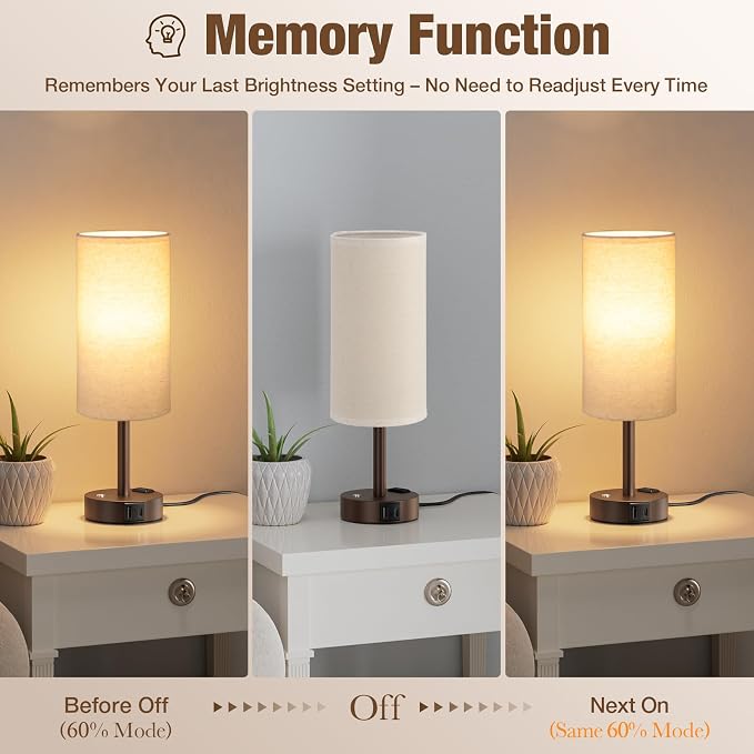 Touch Bedside Table Lamp with Memory - Stepless Dimmable Lamp for Bedroom, Small Nightstand Lamp with Dual USB Charging Ports and AC Outlet, Wood Night Light, Desk Lamp for Nursery (Beige & Brown)
