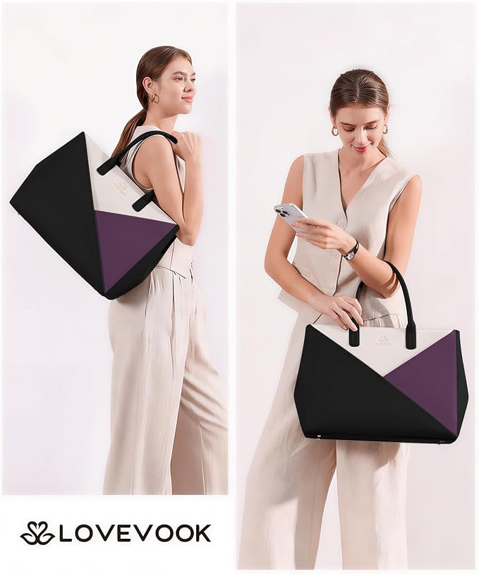 LOVEVOOK Laptop Tote Bag for Women with Large Cup Holder, 16 Inch PU Leather Work Bag Teacher Tote Bag, Waterproof Computer Bags Business Office Briefcase Handbag