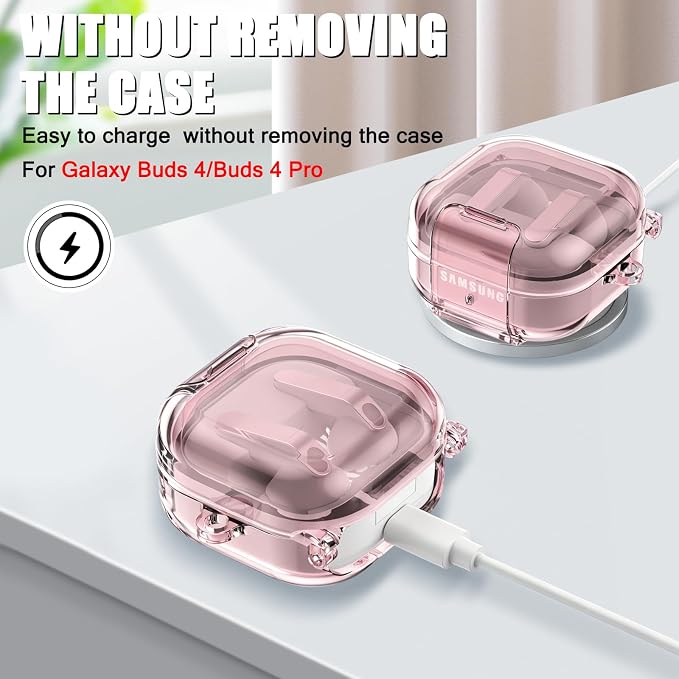 CameCosy Transparent case Compatible for Samsung Galaxy Buds 4/Buds 4 Pro 2026 with Lock Buckle & Phone Stand Function, TPU Shockproof Anti-Scratch Cover with Carabiner for Women Men, Clear Pink