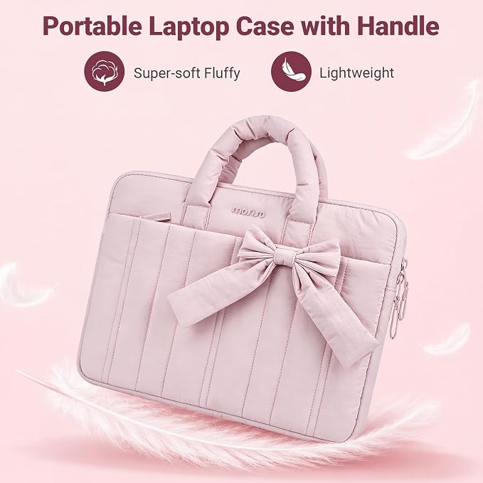 MOSISO Laptop Case 13.3 inch, 13-13.3 inch Puffy Laptop Sleeve Compatible with MacBook Neo/Air 13.6 M5 M4 M3 M2 M1/Pro 13/14, HP Dell ASUS Lenovo, Rectangle Quilted Carrying Bag with Bow&Handle, Pink