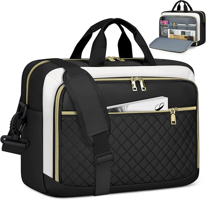 NEWHEY Laptop Bag 17.3 Inch Laptop Briefcase for Women Men Waterproof Shoulder Messenger Bag Large Computer Bag for Business Office Work College, Black&Beige