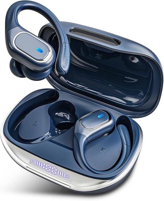HAOYUYAN Wireless Earbuds Bluetooth 5.3 Headphones with 80H Playback, IPX7 Waterproof Over Ear Buds with LED Power Display for Sports Running Workouts (Navy Blue)