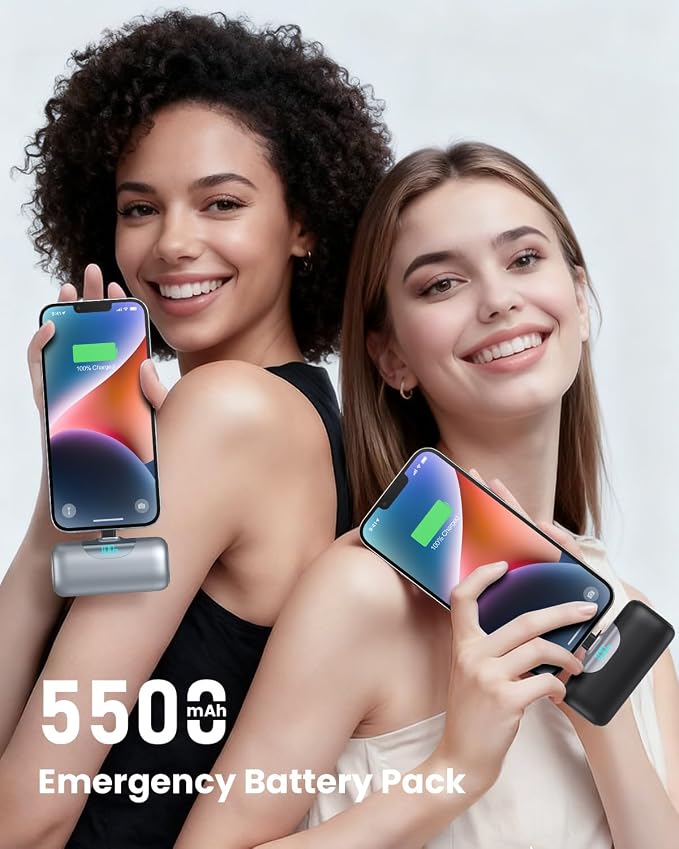 [2-Pack] 5500mAh Portable Charger for iPhone 17/16, LCD Display USB C Mini Power Bank,PD Fast Charging Lipstick Sized Battery Pack for iPhone 17/16/15 Pro Max, Galaxy S25/S24, Pixel (Black+Sliver)