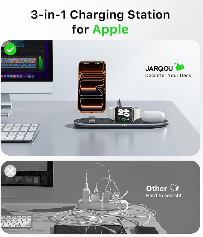 JARGOU Foldable Wireless Charger for iPhone with Magsafe Charger Stand, Fast Magnetic Phone and Watch Charger Station for iPhone 17 Air 16 15 14 13 12, for Apple Watch Charger, for AirPods