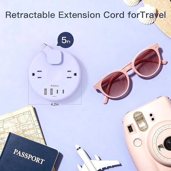 Addtam Travel Essentials Power Strip with USB C, Purple Cruise Approved Power Strip, 3 Outlets 4 USB Ports, 5ft Retractable Extension Cord for Travel, Dorm Room, Hotel, Cruise Ship Accessories