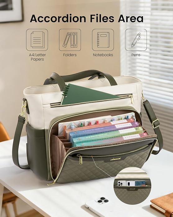 LOVEVOOK Teacher Tote Bag with Accordion File Pocket, Soft PU Leather Work Briefcase Quilted Laptop Bag with Large Cup Holder