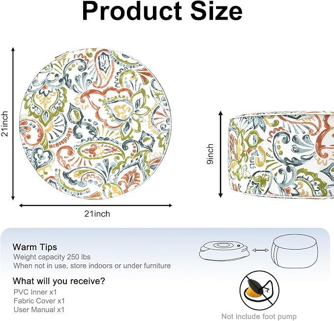 DYTXIII Inflatable Ottoman Stool D21 xH9 for Outdoor/Indoor Use, Water Repellent Patio Foot Rest with Portable Handle,Round Pouf Ottoman Suitable for Garden,Deck and Camping-Paisley Botanical