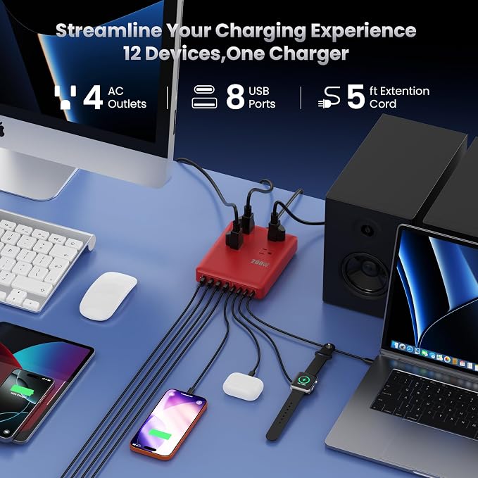 200W Charging Station,12-in-1 USB C Power Strip with Flat Plug and 5ft Extension Cord,4 AC Outlets,4 USB-A,4 USB-C Ports for iPhone 17/16/15,65W Fast Laptop Charger for MacBook,Home,Office(Vermilion)