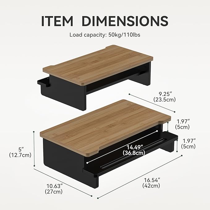 Computer Monitor Stand Riser, 16.5 Inch Wood Desk Shelf Storage Organizer with Phone Tablet Holder, Black & Dark Bamboo