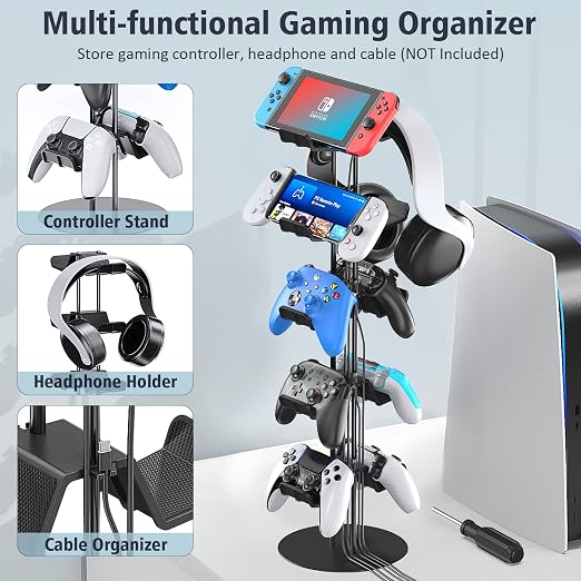 Kytok Gamer Gifts, Headset Stand 5 Tiers with Cable Organizer, Controller Stand Compatible with PS5/Xbox/Nintendo Switch/PS Portal/PS4, Headset Holder & Controller Holder for 10 Packs Controller
