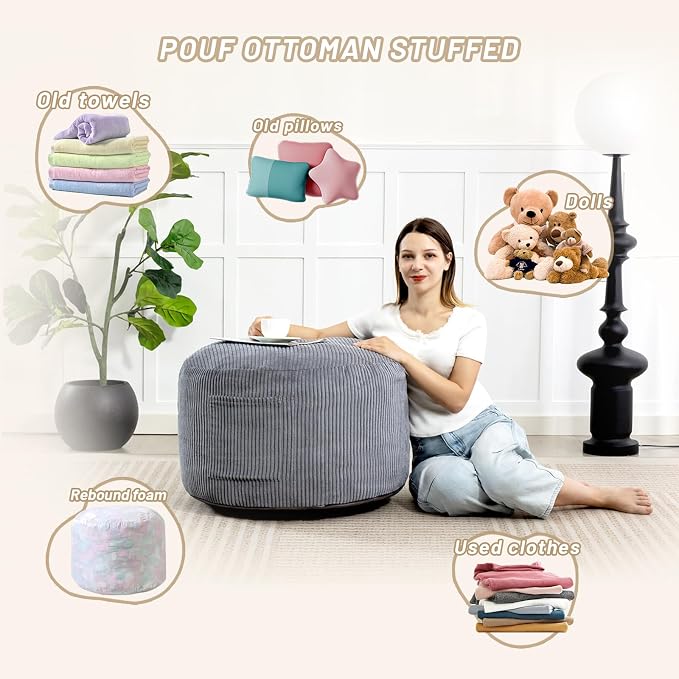 Round Stuffed Pouf Ottoman,Corduroy Foot Rest with Rebound Foam Filled, Furry and Fluffy Foot Stool Ottoman, Floor Poufs for Living Room (Gray, 26" D x 26" W x 18" H)