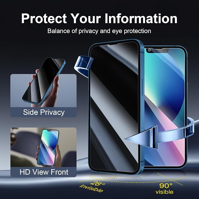 NEW'C 3x Privacy for iPhone 13 Screen Protector (6.1 inches)+ 3x Camera Lens Protector, Sensor Protection, Case Friendly Tempered Glass Film + Dust Plug- Enhanced Privacy Angle of 28 Degrees