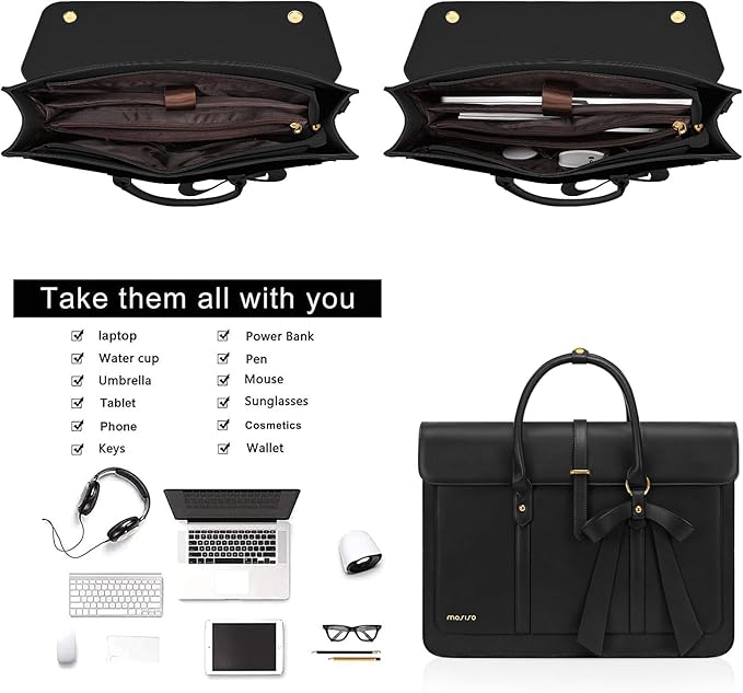 MOSISO Laptop Bag for Women, 13-14 inch PU Leather Laptop Shoulder Bags Convertible Backpack, 13.3 inch Messenger Bags Casual Handbag Work Briefcase Travel Computer Bag with Bowknot, Black